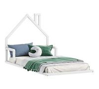 IDIMEX Lit Enfant ELOA au Sol 90x190 cm de Type Montessori, tête de lit en Forme de Maison, en Bois Massif lasuré Blanc