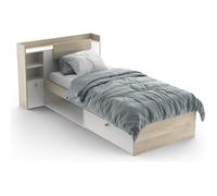 Demeyere Lit Modulable 90 x 190/200 avec Rangement 1 Porte 3 Niches 1 tiroir - Blanc Mat & Chêne Clair -124,5 x 226,9 x 90,5 cm