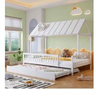 Lit enfant - Lit cabane 120x200 - Pin et MDF - Lit gigogne - Rails de sécurité