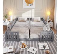 Lit enfant,Lit de Sol 90 x 200 cm,Montessori en Bois de pin Massif,Peut accueillir 2 enfants,Protection Anti-Chute avec Matelas,gris