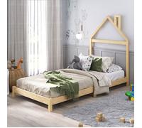 Lit enfant LIZ tête de lit en forme de maison, Lit au sol Montessori, Pour couchage 90 x 200 cm bois de pin massif, Coloris naturel