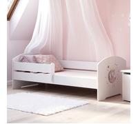 Lit enfant LUK 80x160 cm + SOMMIER + MATELAS avec BARRIÈRE DE SÉCURITÉ - avec illustration de princesse endormie