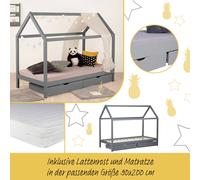 Lit Enfant matelas Maison Cabane Bois Gris 90x200 Lattes 2 Tiroirs Homestyle4u