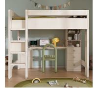 Lit enfant mezzanine blanc 90 × 200 cm avec bureau d’angle, rangements et USB
