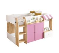 Lit Enfant mi hauteur 90x200cm en bois massif, Lit simple avec Rangement,Échelle d’Escalade,Design Ludique,Rose