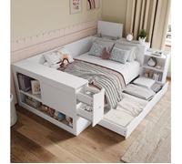 Lit enfant multifonction 140 x 190 cm avec tiroirs et rangements latéraux en MDF blanc matelas non inclus