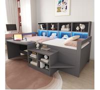Lit enfant multifonction 90 x 200 cm EVRYAE avec bureau, rangements, LED et prises USB, gris