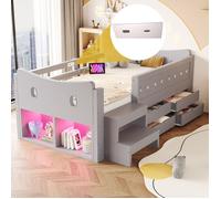 Lit enfant multifonction avec rangements et LED - TCQPZ - Barrières de sécurité marches latérales gris 90 × 200 cm