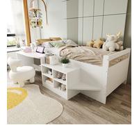 Lit enfant multifonction blanc avec bureau, rangements intégrés et prises USB