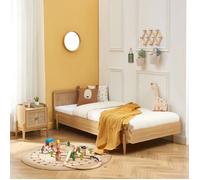 Lit enfant PABLO cannage rotin et effet bois 90x190 sommier inclus