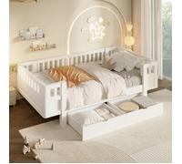 Lit enfant - PAGE LIVING - 90x200 - garde-corps périphériques - 2 tiroirs intégrés - bois massif blanc