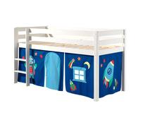 PINO Lit sureleve en pin massif avec sommier Blanc + Rideau de lit Astro