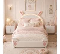 Lit Enfant Rembourré 140x200 cm LED Lapin, Sommier à Lattes, Sans Matelas