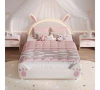 Lit Enfant Rembourré 140x200 cm Lit Simple LED pour Fille avec Tête de lit en Forme de Lapin Lits 1 Personnes avec Sommier à Lattes pour Fille Adolescent(Sans Matelas) (Blanc + Rose, 140 x 200 cm)
