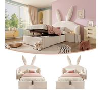 Lit enfant rembourré 90×200cm Lit coffre Lit capitonné en velours avec tête de lit oreilles de lapin table de chevet - beige