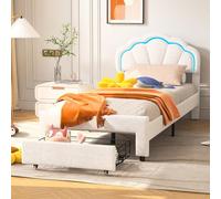 Lit Enfant Rembourré 90x200 avec LED Réglable et Tiroir, Tête de Lit Décorative, Sommier à Lattes en Bois Massif, Velours Confortable, Assemblage Facile (sans Matelas)