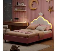 Lit Enfant Rembourré 90x200cm, Lit Simple avec LED pour Fille Adolescent, Lits Princesse Fille avec Tête de Lits Réglable en Hauteur, Sommier à Lattes, Velours, Rose(sans Matelas) (Blanc, 90x200cm)