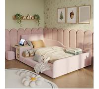 Lit enfant rembourré avec bureau - Format 90x200 cm - Avec bureau et tabouret - Tablette de rangement intégrée
