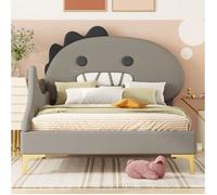 Lit enfant simple 90×200 cm dinosaure avec barrière sans matelas PU et MDF gris - UVRION