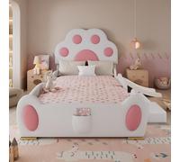 Lit Enfant Simple 90x200 cm avec Tête de Lit Design Patte de Chat Cartoon, Toboggan et Échelle 2 Marches, Revêtement PU Lavable - Blanc et Rose, Idéal pour Chambre d'enfant