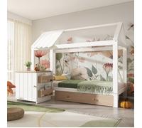 Lit Enfant Simple 90x200 cm en Bois Massif avec Tiroirs et Table de Chevet Amovible, Lit 1 Personne au Sol en Blanc et Blanc Chêne