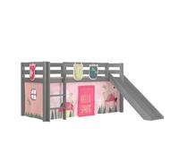Vipack Lit Enfant Surlev Avec Toboggan Pino 90x200cm Gris + Rideau De Lit Et 3 Pochettes Spring