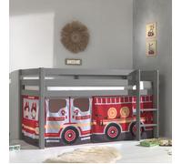 Vipack Lit Enfant Surélevé Pino 90x200cm Gris + Rideau pour lit en hauteur en 4 parties Pompiers Rouge