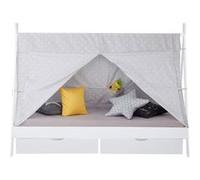 Lit Enfant Tipi 90x200 Blanc Avec Sommier Lattes Tiroir 2 Tiroirs Et Tissu De Tente Gris Toil