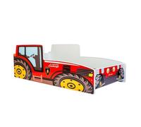 Kobi Lit enfant Tracteur rouge 70x140 cm – Thème ferme – Avec sommier, matelas, barrière