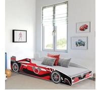KOBI Lit de Voiture pour Enfant | F25 Car | 70 x 160 cm | Multicolore | Thème Race Car | Enfants Garcon Fille | avec Sommier et Matelas | Cabane avec Barriere