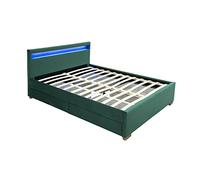 Lit ENFIELD 160x200 cm Velours Vert Tiroirs de Rangement LED 4 Couleurs