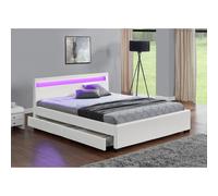 CONCEPT USINE | Lit Double Enfield 160 x 200 cm en Simili Blanc | Design Moderne avec LED Multi-Couleurs et Rangements Intégrés | Tête de Lit Lumineuse avec Télécommande | Sommier Robuste en Bois