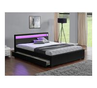 CONCEPT USINE | Lit Double Enfield 140 x 190 cm en Simili Noir | Design Moderne avec LED Multi-Couleurs et Rangements Intégrés | Tête de Lit Lumineuse avec Télécommande | Sommier Robuste en Bois