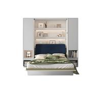 Lit escamotable 140 x 200 cm avec tête de lit grise armoires chevets etagères intégrés ouverture pneumatique - chêne huilé - SMART