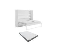 Lit escamotable 140 x 200 cm - Ouverture horizontale manuelle - Blanc + Matelas - RAPILI