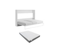 Lit escamotable 140 x 200 cm - Ouverture horizontale manuelle - Blanc et gris + matelas - MALINA II