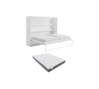 Vente-unique - Lit escamotable 140 x 200 cm - Ouverture Horizontale Manuelle - avec LEDs - Blanc + Matelas - RAPILI