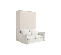 Lit escamotable 140 x 200 cm - Ouverture verticale manuelle - Avec LEDs - Beige + Canapé en tissu bouclette beige - RAPILI
