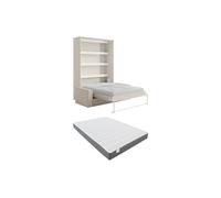 Lit escamotable 140 x 200 cm - Ouverture verticale manuelle - Avec LEDs - Beige + Matelas + Canapé - RAPILI