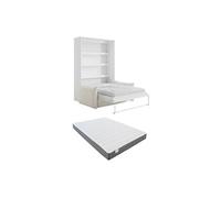 Lit escamotable 140 x 200 cm - Ouverture verticale manuelle - Avec LEDs - Blanc + Canapé en tissu bouclette beige + Matelas - RAPILI