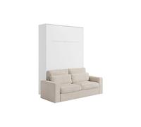 Lit escamotable 140 x 200 cm - Ouverture verticale manuelle - Avec LEDs - Blanc + Canapé en velours côtelé beige - RAPILI