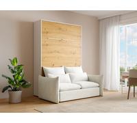 Vente-unique - Lit escamotable 140 x 200 cm - Ouverture Verticale Manuelle - avec LEDs - Blanc et Naturel + Canapé + Matelas - RAPILI