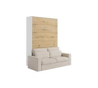 Lit escamotable 140 x 200 cm - Ouverture verticale manuelle - Avec LEDs - Blanc et naturel + Canapé en velours côtelé beige -