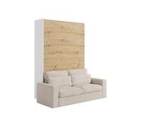 Lit escamotable 140 x 200 cm - Ouverture verticale manuelle - Avec LEDs - Blanc et naturel + Canapé en velours côtelé beige - RAPILI