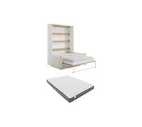 Vente-unique - Lit escamotable 140 x 200 cm - Ouverture Verticale Manuelle - avec LEDs - Blanc et Naturel + Canapé + Matelas - RAPILI