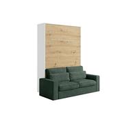 Lit escamotable 140 x 200 cm - Ouverture verticale manuelle - Avec LEDs - Blanc et naturel + Canapé Vert - RAPILI