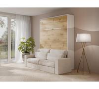 Lit escamotable 140 x 200 cm - Ouverture verticale manuelle - Avec LEDs - Blanc et naturel + Matelas + Canapé - RAPILI