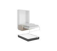 Vente-unique - Lit escamotable 140 x 200 cm - Ouverture Verticale Manuelle - Blanc + Matelas + Canapé - BEGANIO
