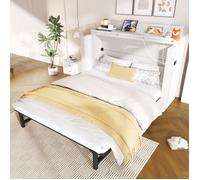 Lit Escamotable 140x200 cm Double avec Rangement, Tiroir, USB et Type-C, Gain de Place - Lin + MDF - Sans Matelas - Beige