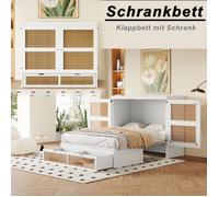 Lit Escamotable 140x200 cm, Lit Mural avec Sommier à Lattes, Lit Double en Bois avec Tiroirs de Rangement, Blanc